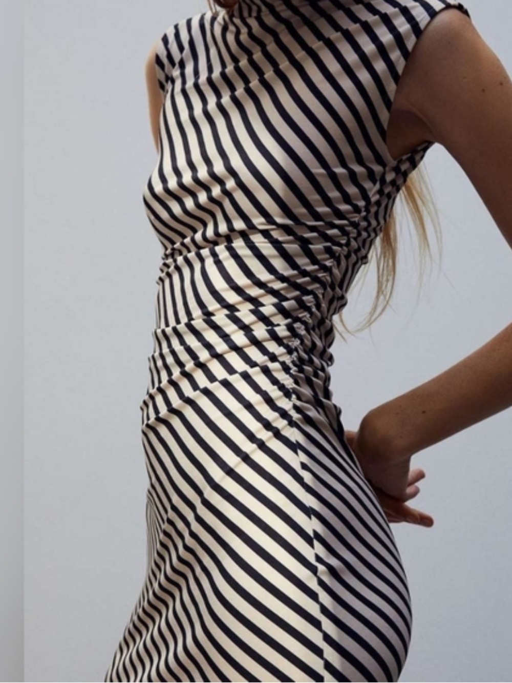 H&M Beige and Black Diagonal-Stripe Sleeveless Midi Dress